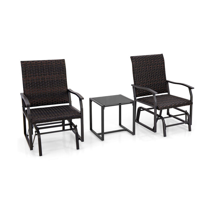 3 Piece Patio Gliding Set with Tempered Glass Coffee Table-Brown - TidySpaces