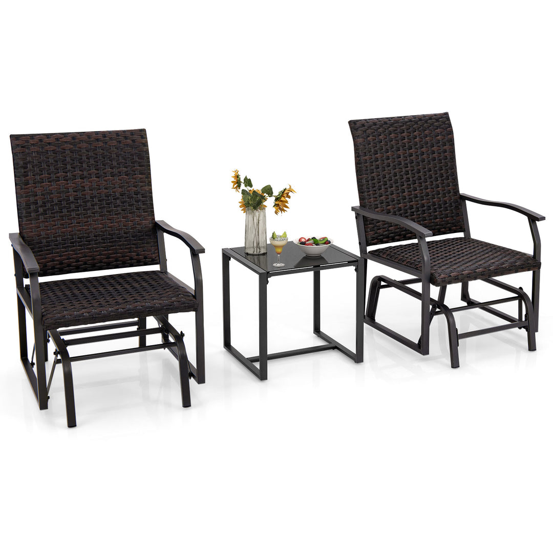 3 Piece Patio Gliding Set with Tempered Glass Coffee Table-Brown - TidySpaces