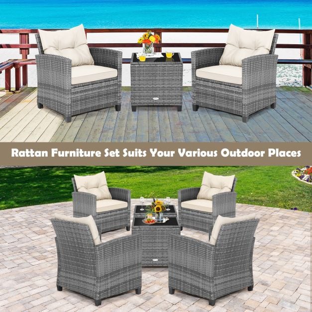 3 Piece Patio Rattan Sofa Set with Solid Tempered Glass Table Top and Heavy-Duty Steel Frame