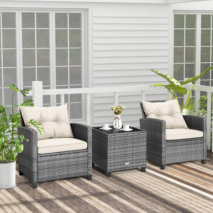 3 Piece Patio Rattan Sofa Set with Solid Tempered Glass Table Top and Heavy-Duty Steel Frame