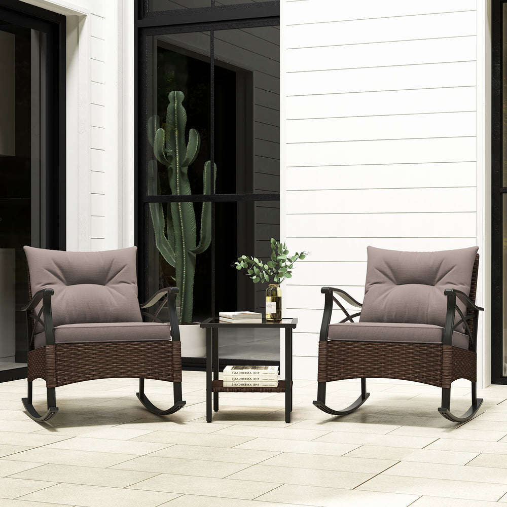 3 Piece Patio Rocker Set with Coffee Table and Cushions-Grey - TidySpaces