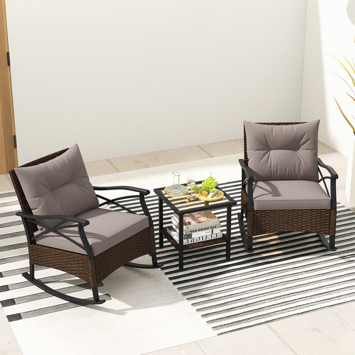 3 Piece Patio Rocker Set with Coffee Table and Cushions-Grey - TidySpaces