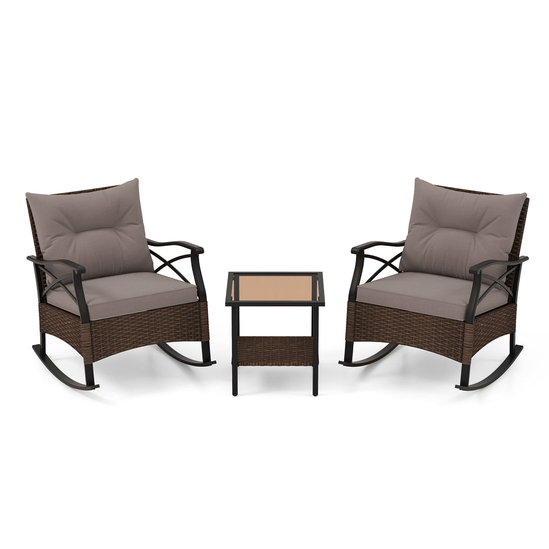 3 Piece Patio Rocker Set with Coffee Table and Cushions-Grey - TidySpaces