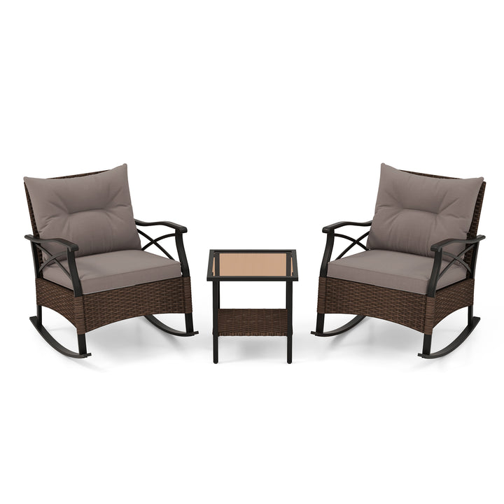 3 Piece Patio Rocker Set with Coffee Table and Cushions-Grey - TidySpaces