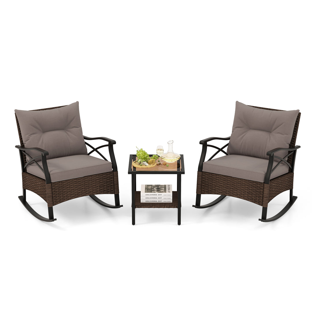 3 Piece Patio Rocker Set with Coffee Table and Cushions-Grey - TidySpaces