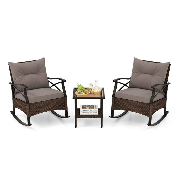 3 Piece Patio Rocker Set with Coffee Table and Cushions-Grey - TidySpaces