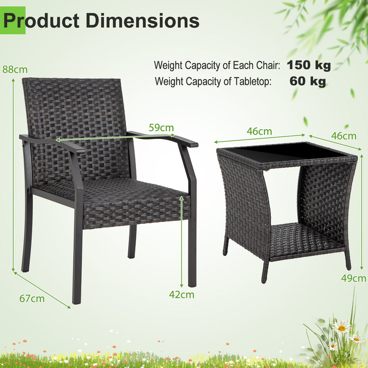 3 Piece Patio Wicker Chair Set with Cushioned Seat - TidySpaces