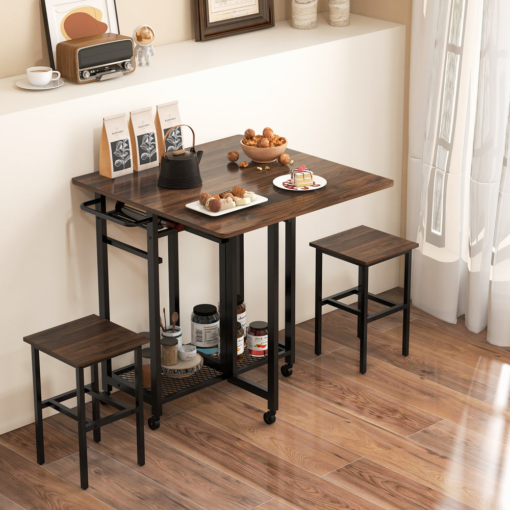 3 Pieces Extendable Dining Table Set with 6 Bottle Wine Rack - TidySpaces