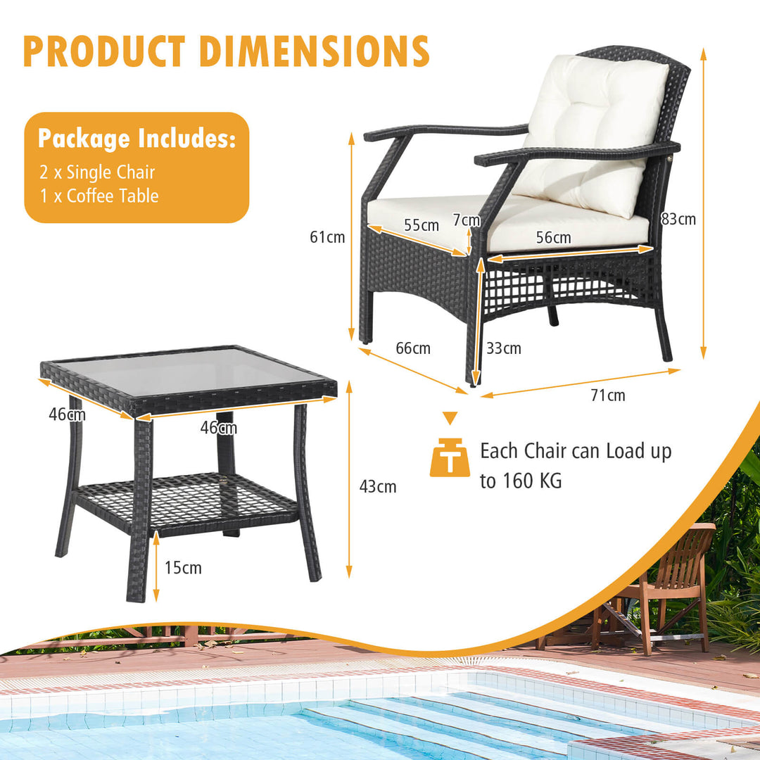 3 Pieces Garden Furniture Set with 2-Tier Tempered Glass Coffee Table