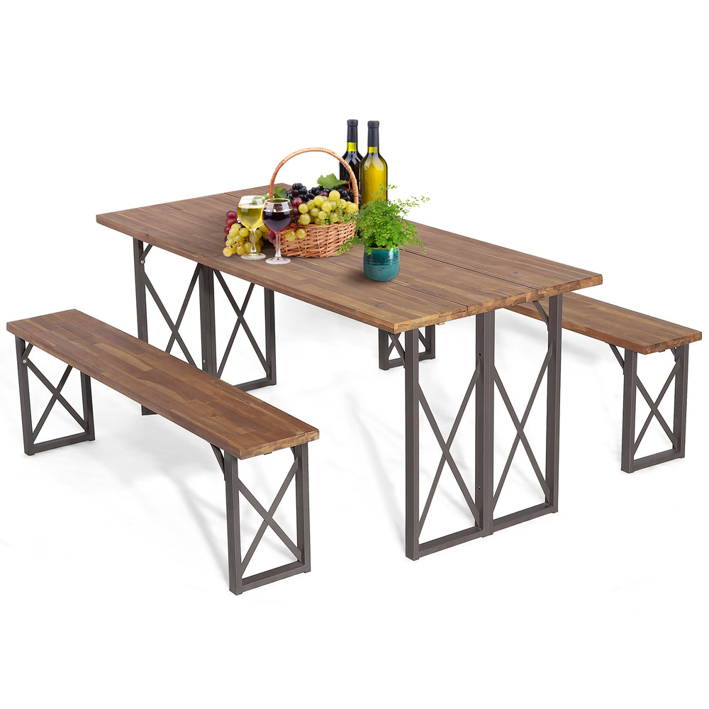 3 Pieces Outdoor Acacia Wood Dining Set with 4.5 cm Umbrella Hole - TidySpaces