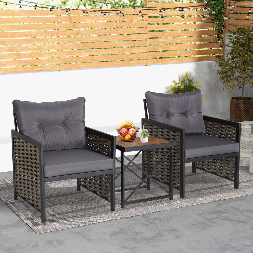 3 Pieces Patio Rattan Bistro Set with Acacia Wood Tabletop - TidySpaces