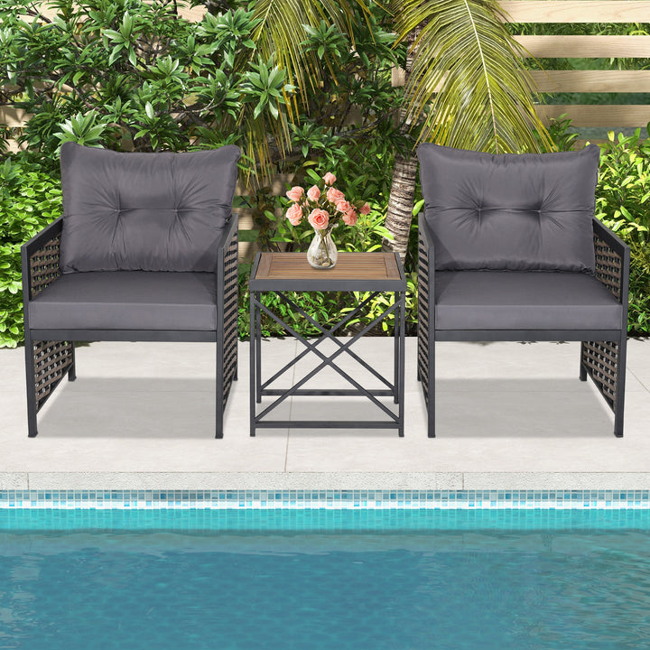 3 Pieces Patio Rattan Bistro Set with Acacia Wood Tabletop - TidySpaces