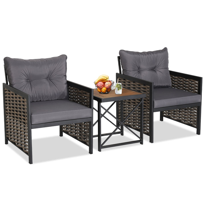 3 Pieces Patio Rattan Bistro Set with Acacia Wood Tabletop Grey - TidySpaces