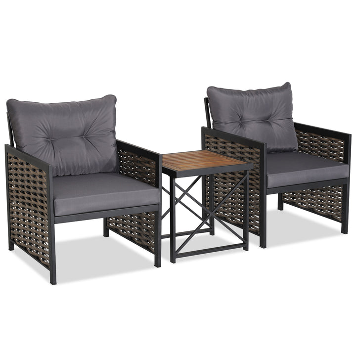 3 Pieces Patio Rattan Bistro Set with Acacia Wood Tabletop - TidySpaces