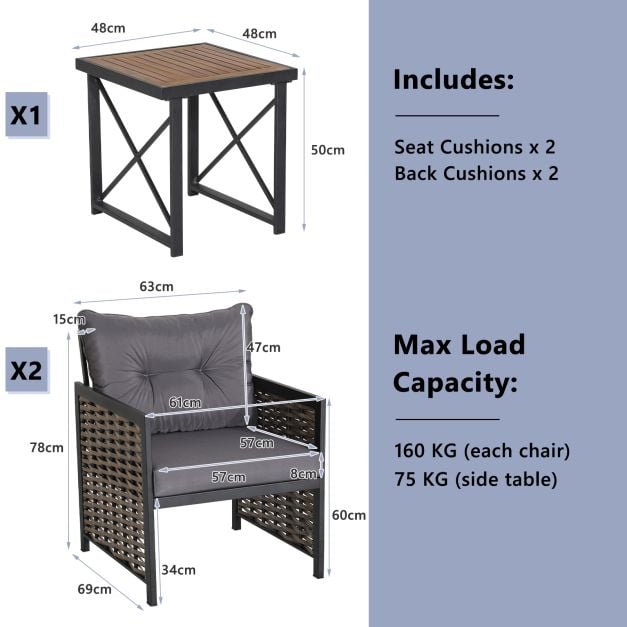 3 Pieces Patio Rattan Bistro Set with Acacia Wood Tabletop - TidySpaces