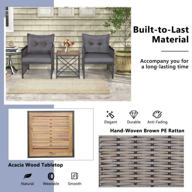 3 Pieces Patio Rattan Bistro Set with Acacia Wood Tabletop - TidySpaces