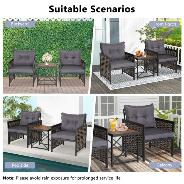 3 Pieces Patio Rattan Bistro Set with Acacia Wood Tabletop - TidySpaces
