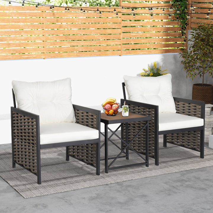 3 Pieces Patio Rattan Bistro Set with Acacia Wood Tabletop - TidySpaces