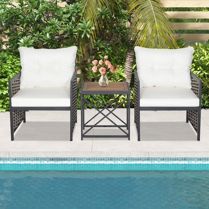 3 Pieces Patio Rattan Bistro Set with Acacia Wood Tabletop - TidySpaces