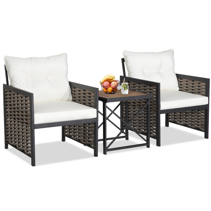 3 Pieces Patio Rattan Bistro Set with Acacia Wood Tabletop White - TidySpaces