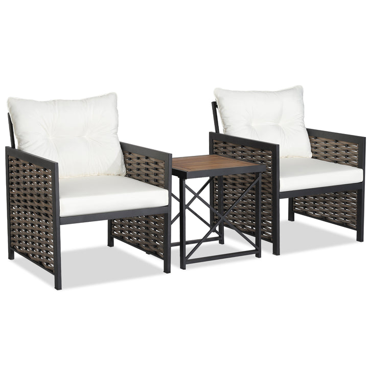 3 Pieces Patio Rattan Bistro Set with Acacia Wood Tabletop - TidySpaces