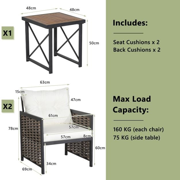 3 Pieces Patio Rattan Bistro Set with Acacia Wood Tabletop - TidySpaces