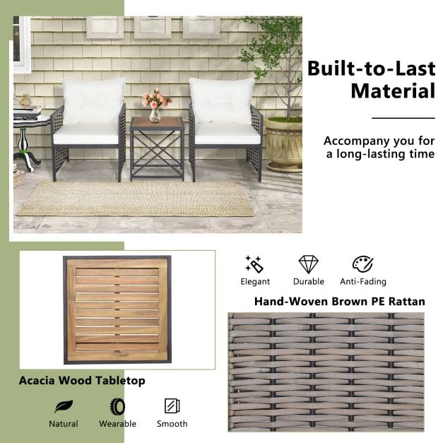 3 Pieces Patio Rattan Bistro Set with Acacia Wood Tabletop - TidySpaces