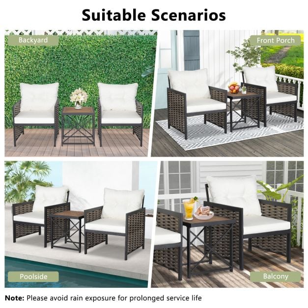 3 Pieces Patio Rattan Bistro Set with Acacia Wood Tabletop - TidySpaces