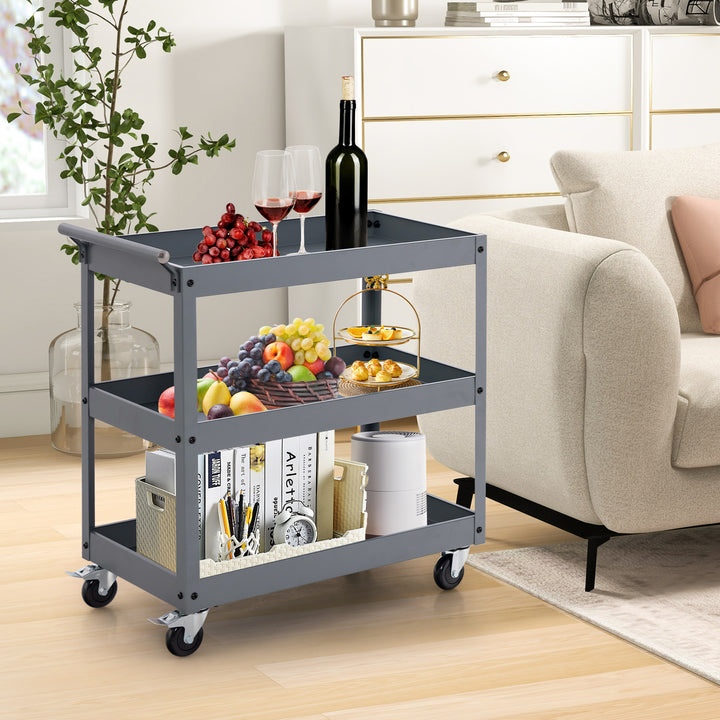3 Shelf Rolling Metal Utility Cart with Ergonomic Handle - TidySpaces