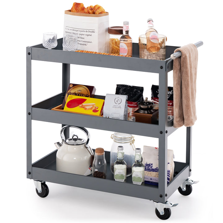 3 Shelf Rolling Metal Utility Cart with Ergonomic Handle - TidySpaces