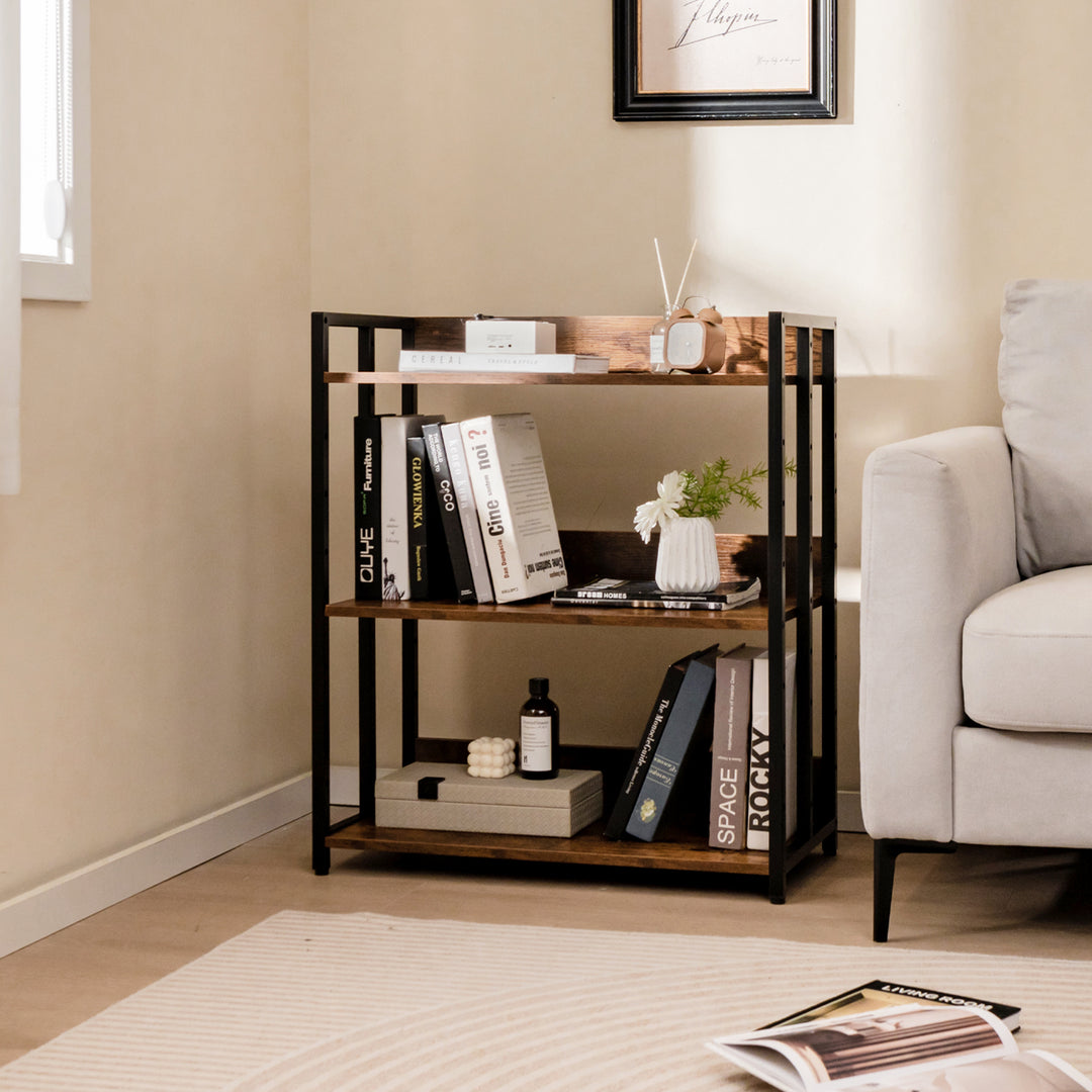 3 Tier Bookshelf with Adjustable Shelves and Metal Frame Rustic