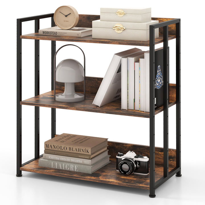 3 Tier Bookshelf with Adjustable Shelves and Metal Frame Rustic