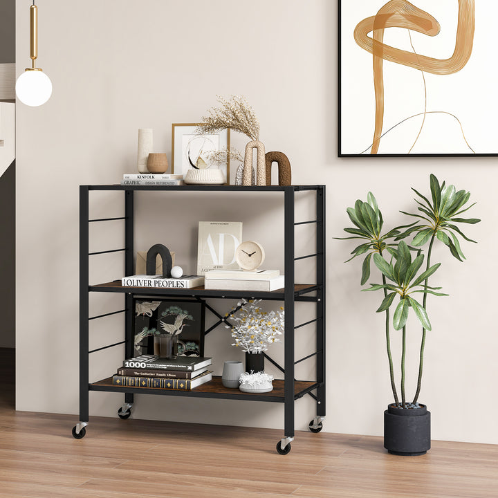 3-Tier Foldable Shelving Unit with Detachable Wheels Height-Adjustable Shelves