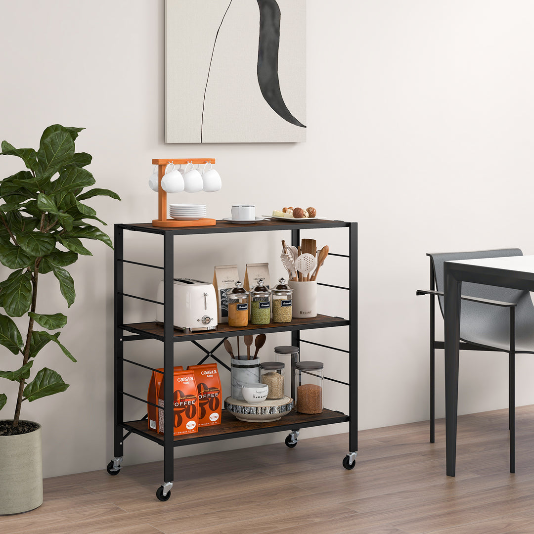 3-Tier Foldable Shelving Unit with Detachable Wheels Height-Adjustable Shelves