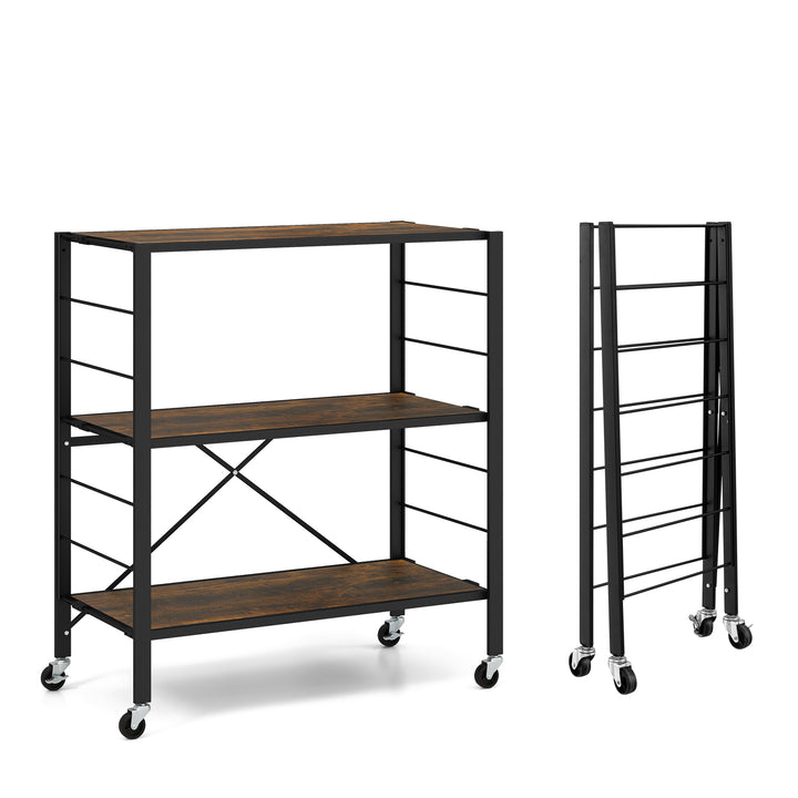 3-Tier Foldable Shelving Unit with Detachable Wheels Height-Adjustable Shelves