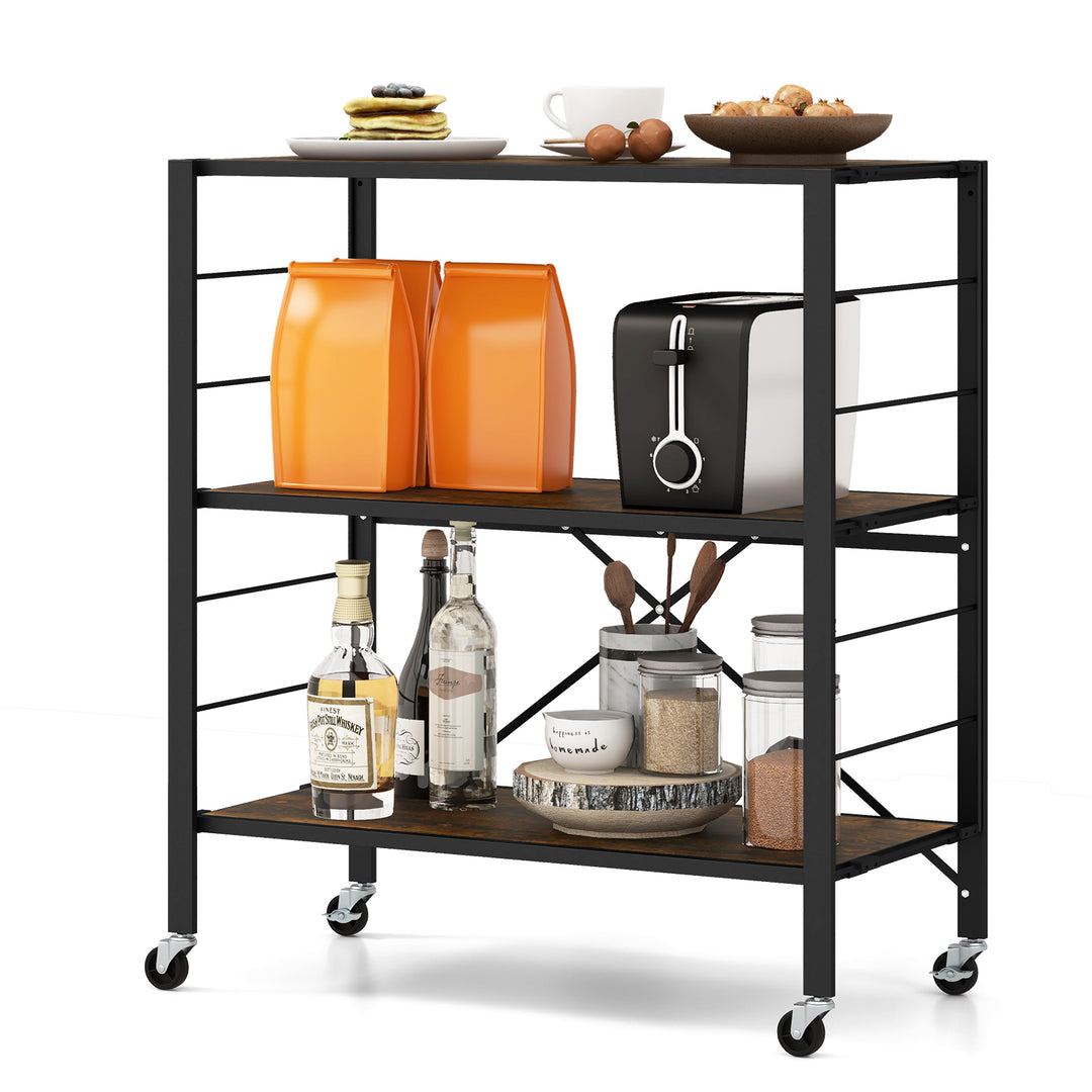 3-Tier Foldable Shelving Unit with Detachable Wheels Height-Adjustable Shelves