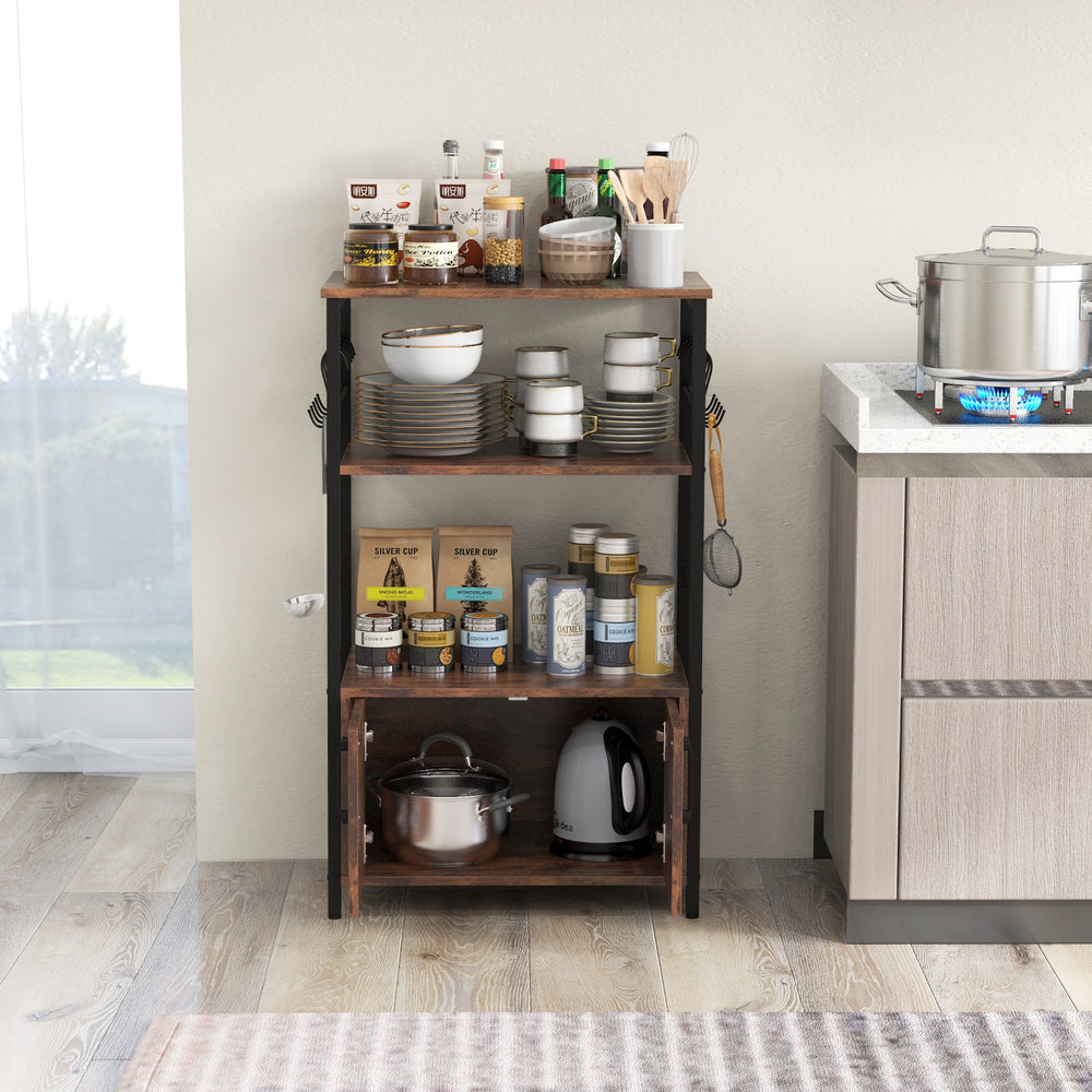 3-Tier Kitchen Bakers Rack with Cabinet Open Shelves and 10 Removable S-Shaped Hooks-Brown - TidySpaces