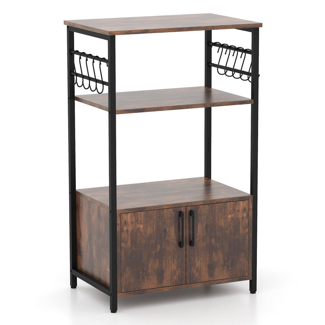 3-Tier Kitchen Bakers Rack with Cabinet Open Shelves and 10 Removable S-Shaped Hooks-Brown - TidySpaces
