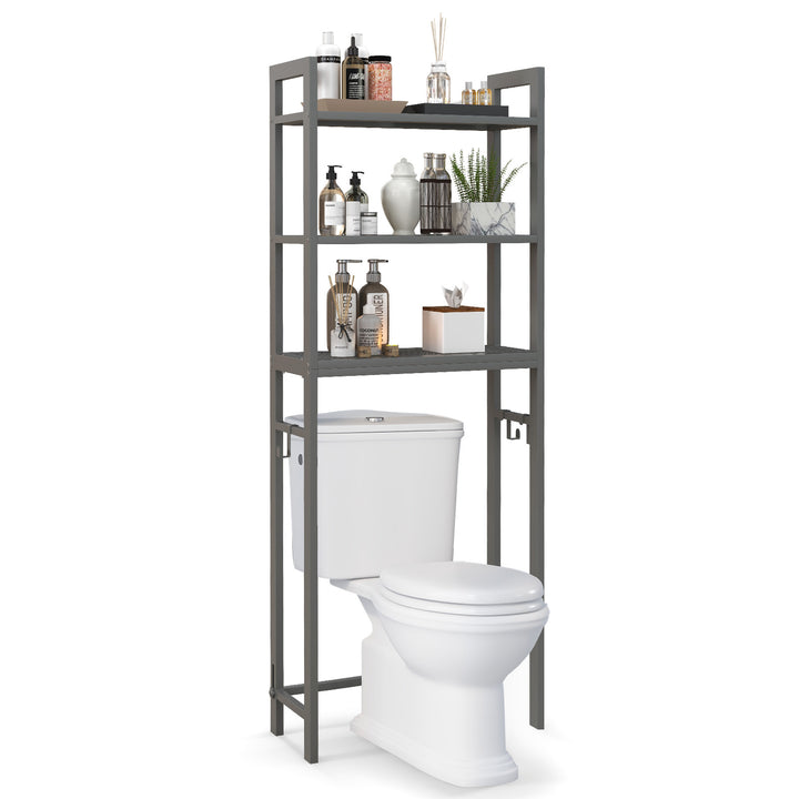 Over-The-Toilet Storage Shelf with Anti-tipping Device and Hooks Grey - TidySpaces