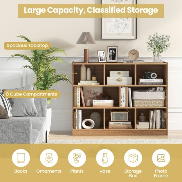 3-Tier Open Bookcase 8 Cube Floor Standing Storage Shelves Display Cabinet - TidySpaces
