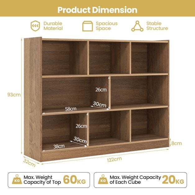 3-Tier Open Bookcase 8 Cube Floor Standing Storage Shelves Display Cabinet - TidySpaces