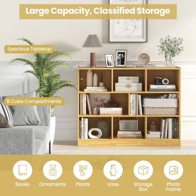 3-Tier Open Bookcase 8 Cube Floor Standing Storage Shelves Display Cabinet - TidySpaces