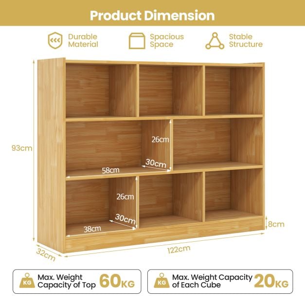 3-Tier Open Bookcase 8 Cube Floor Standing Storage Shelves Display Cabinet - TidySpaces