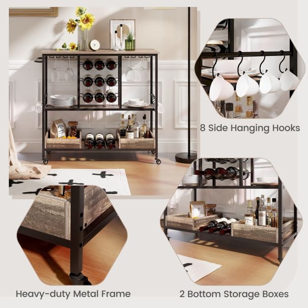 3 Tiers Bar Cart on Wheels with Glass Racks