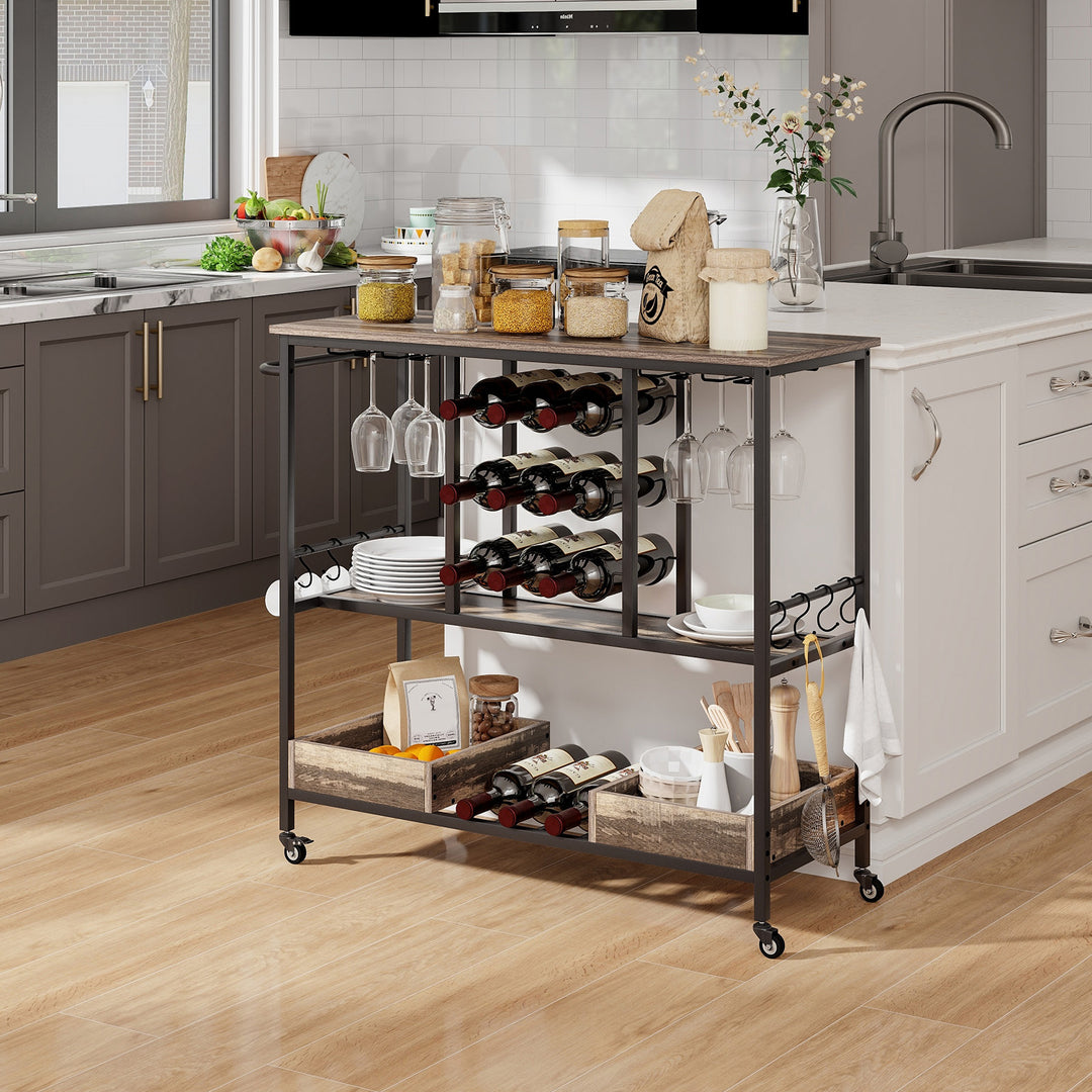 3 Tiers Bar Cart on Wheels with Glass Racks