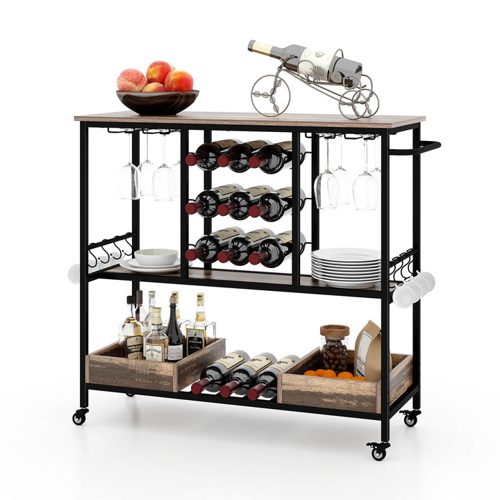 3 Tiers Bar Cart on Wheels with Glass Racks