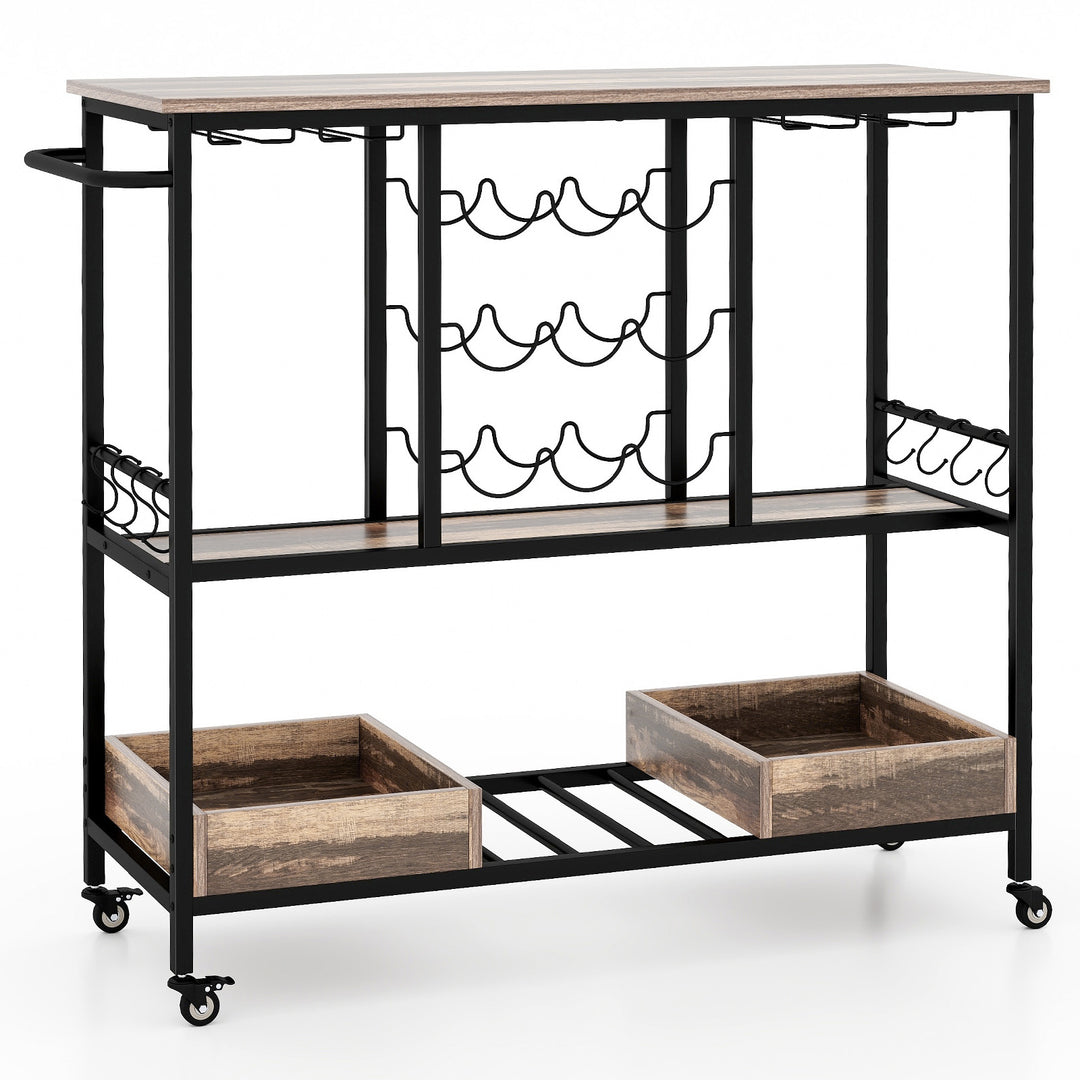 3 Tiers Bar Cart on Wheels with Glass Racks