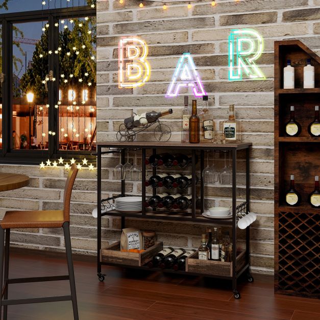 3 Tiers Bar Cart on Wheels with Glass Racks