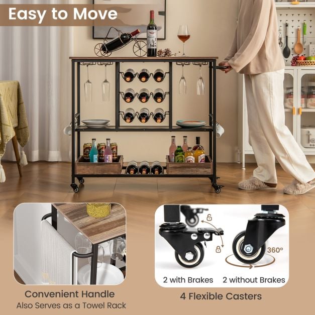 3 Tiers Bar Cart on Wheels with Glass Racks