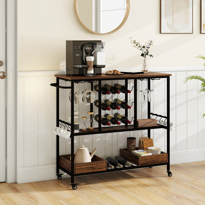 3 Tiers Bar Cart on Wheels with Glass Racks